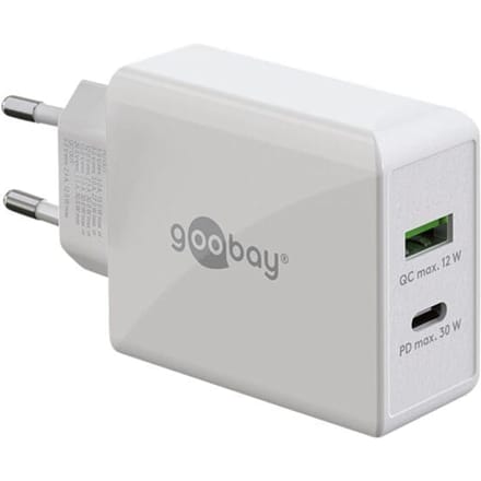 Goobay dubbele USB-snellader 30 W wit met USB-C Power Delivery en USB-A, voor smartphone, tablet en powerbank, met beveiligingselektronica