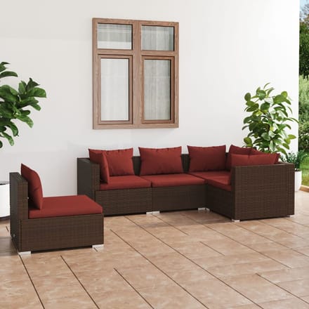 vidaXL - 5-delige - Loungeset - met - kussens - poly - rattan - bruin