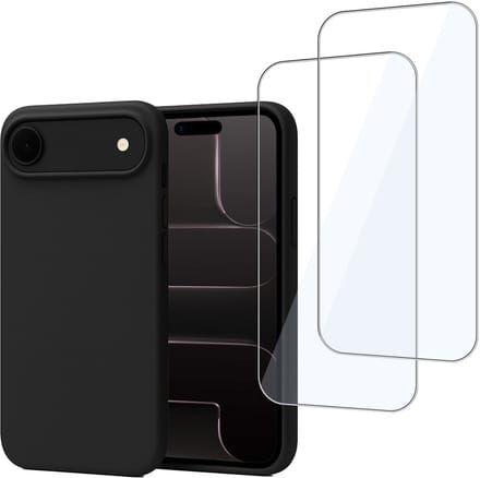 Technow hoesje + 2x Screenprotector geschikt voor iPhone 17 – Tempered Glass - Liquid Back Case - Cover - Zwart