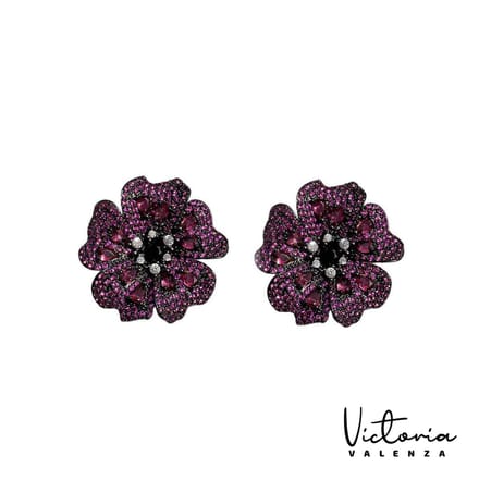 Victoria Valenza Fiore oorknoppen - Messing - Roze Steen - Zwart
