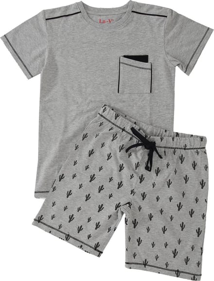 La V Shortama voor jongen- Grijs met cactus print 152-158