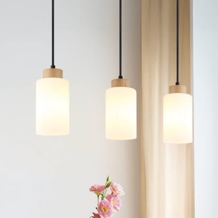 Globo Hanglamp Rowena, licht hout/wit, glas, 3-lamps, E27