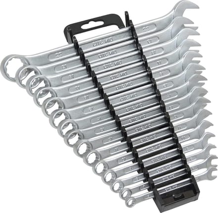 10355-15 ring spanner set - open-end spanner set in tool holder - 15-piece with 15 16 18 mm