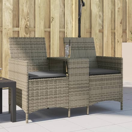 vidaXL - Tuinbank - 2-zits - met - tafel - en - kussens - poly - rattan - grijs