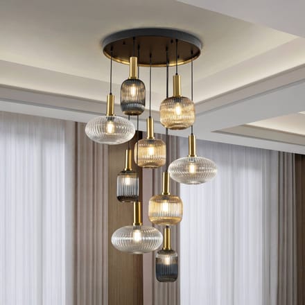 Schuller Valencia Hanglamp Norma, dimbaar, 9-lamps, afstandsbediening, zwart/messing