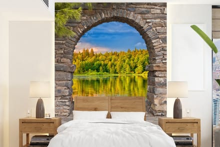 Behang - Fotobehang Bomen - Bos - Water - Doorkijk - Breedte 190 cm x hoogte 260 cm