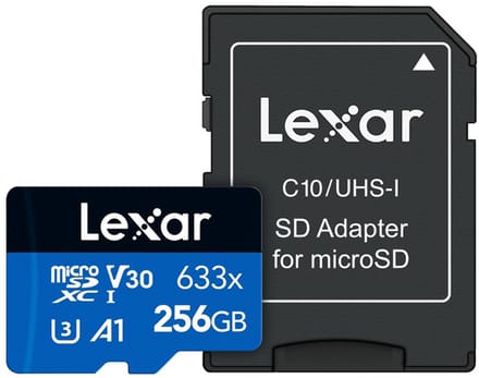 Lexar, microSDXC 256 GB 633x V30 4K 100Mb/s geheugenkaart met SD-adapter, Noir / Bleu