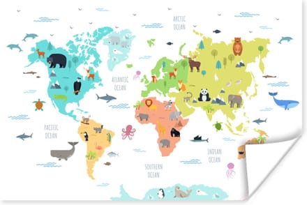 Wereldkaart - Dieren - Kinderen - 30x20 cm - Poster