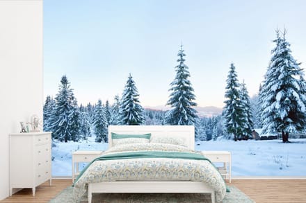 Behang - Fotobehang Winter - Sneeuw - Bomen - Breedte 420 cm x hoogte 280 cm