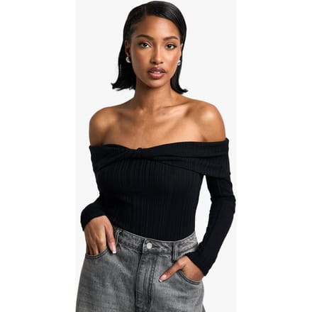 boohoo Dames Rib Bardot Twist Bodysuit | Zwart | Maat: 34