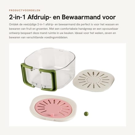Dailygoods- Afdruipmand 2-in-1 - Opvouwbaar - Zeef - Handgreep - Bewaarcontainer - 15x8,5cm - PP+PET - Vergiet