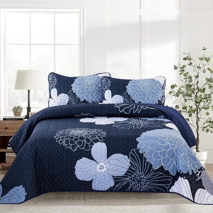 Goodivery ® Elegante Navy Bedsprei Met Bloemenpatroon En Kussensloopset Voor Dubbelbed