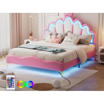 ModernLuxe Kinderbed 140x200cm met LED - prinsessenbed met kunstleren kussen - Roze
