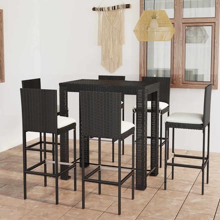vidaXL - 7-delige - Tuinbarset - met - kussens - poly - rattan - zwart