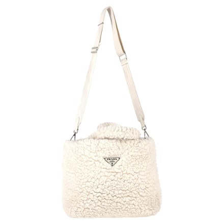 Prada Logo Plaque Shear Handtas in Witte Kasjmier