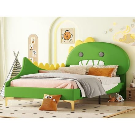 ModernLuxe Kinderbed 90x200 cm - dinosaurusvorm - in kunstleer - Groen