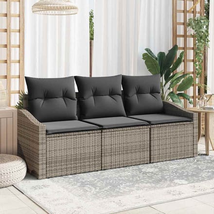 vidaXL Tuinbank Set met kussen met opslag 3 pcs Grijs poly rattan