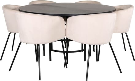 Copenhagen eethoek eetkamertafel bruin en 6 Berit eetkamerstal velours beige.