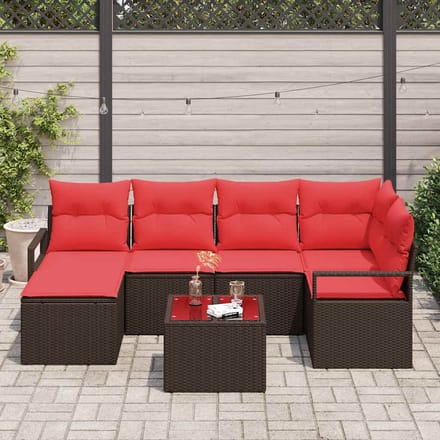 vidaXL - Bankstel - 7 - st - Bruin - en - Rood - poly - rattan