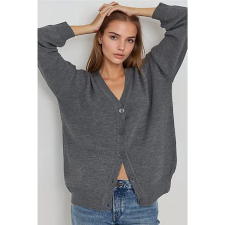 Oversized Geribbelde V-hals Knopen Cardigan