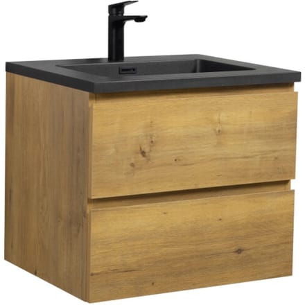 Badplaats Badkamermeubel Set Angela 60 cm – Eiken – Badmeubel met Zwarte Wastafel