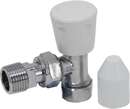 Schuine Radiatorklep 15 mm met Lockshield en Witte Wielkop - Chromen Afwerking