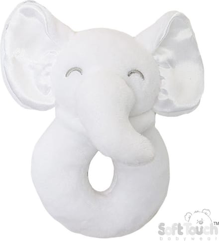 Soft Touch Rammelaar Olifant Junior 12 Cm Polyester Wit Met Satijnen Oortjes