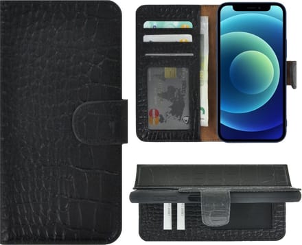 MoDo hoesje Geschikt voor iPhone 14 Plus - Leer Book Case - Croco zwart