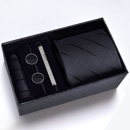 Zijde Stropdas Set Heren - Stropdas met Pochet, Manchetknopen en Dasspeld - 100% Zijde Tie Set - Zwarte Stroken - Luxe Geschenkdoos