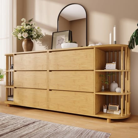 Dressoir - 160 cm - 6 Lades en Open Vakken - Verstelbare Poten - Eiken