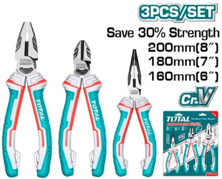 Total Tools Tangenset - 1x 8'' Combinatietang - 1x 7'' Zijkniptang - 1x 6'' Punttang