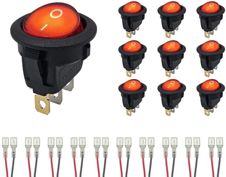 ProRide Wipschakelaar ON-OFF KCD2-12 - met Aansluitkabels - 3-pins - Rond - 12V/20A - Rood - 10 stuks