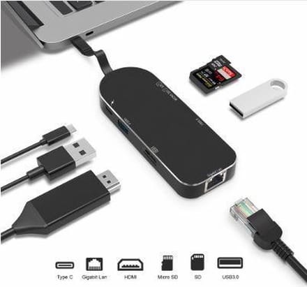 DrPhone 7 in 1 - Type C HUB – Thunderbolt 3 - 2x USB 3.0 – 4K HDMi – Micro SD / SD – Ethernet Gigabit – USB-C Female - voor o.a.  Macbook Pro