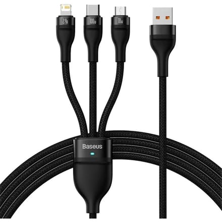 Baseus Flash Series 2 - 3-in-1 snellaadkabel - USB-A naar USB-C / Lightning / Micro-USB - 100 Watt - 1,2 meter - Zwart