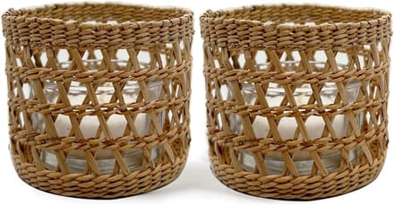 Omgoods - Set van 2 Rieten Theelicht Houder met Vintage Uiterlijk