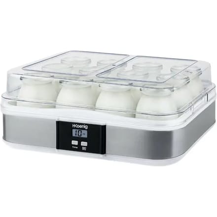 Yoghurtmaker HKOENIG - ELY120 - Capaciteit 12 glazen potjes van 160ml + 1 kwarkpot (1,2L) - Programmeerbaar tot 15.00 uur - 15W