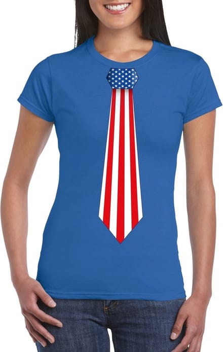 Blauw t-shirt met Amerikaanse vlag stropdas dames - Amerika supporter M