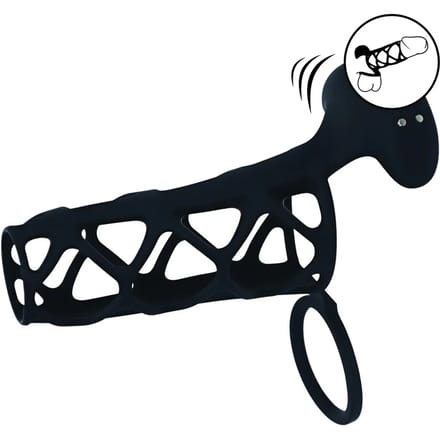 Vibrerende Kooi Silicone Penis Huls en Balring - Zwart