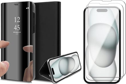 Hoesje geschikt voor iPhone 15 Plus - 2x Screen Protector GlassGuard - Book Case Spiegel Zwart & Screenprotector