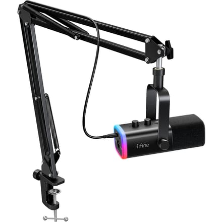 FIFINE XLR/USB Gaming Microfoon Kit met Koptelefoonaansluiting/Mute/RGB/Arm Stand, dynamische Microfoon Set voor PC PS5/4 Mixer AmpliGame AM8T AM8TW