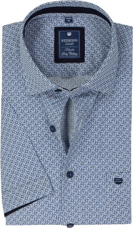 Redmond comfort fit overhemd - korte mouw - popeline - blauw met wit dessin