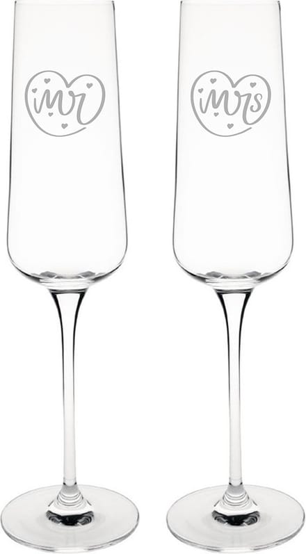 Gegraveerde set Champagneglazen 27cl Mr. In hartje - Mrs. In hartje
