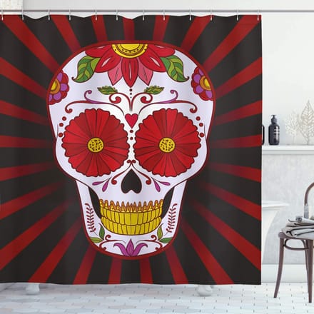 ABAKUHAUS douchegordijn – Sugar Skull ontwerp – 175x180 cm – rood/geel