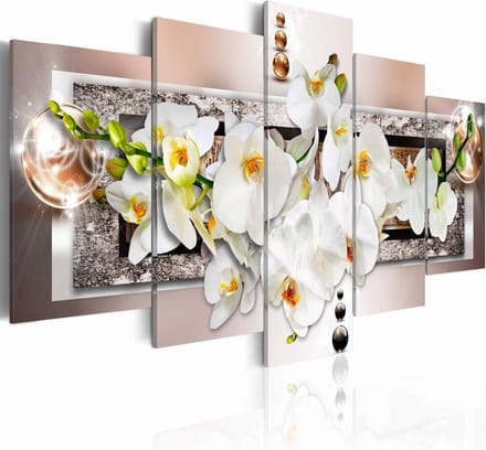 Schilderij - Orchidee in abstractie , wit roze , 5 luik