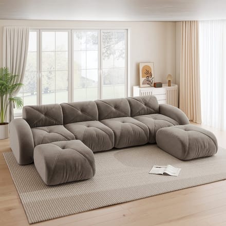 STILVORA U-Bank 4-Zits - Modulsofa Met 2 Hockers En Framevrij Design - Voor Woonkamer - Chenille - Bruin