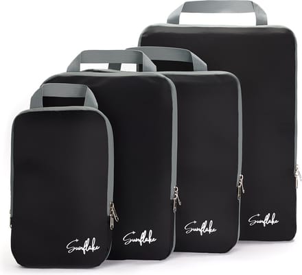 Packing Cubes met Compressierits - Set van 4 Compressie Cubes voor Backpack en Koffer - Compression - Zwart - Sunflake