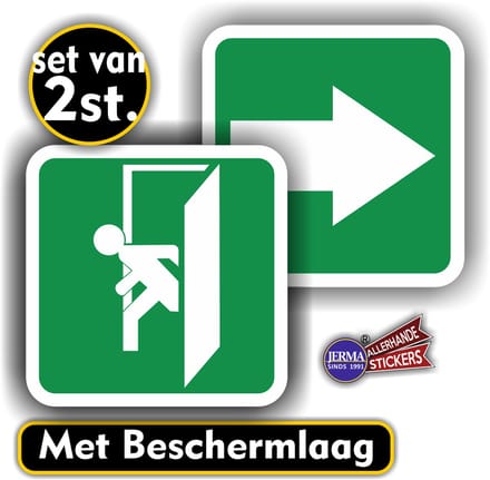 Jerma - Nooddeur - Richting verwijzing - Sticker - Set - 2 st - 10x10 cm - Zelfklevend - Weerbestendig