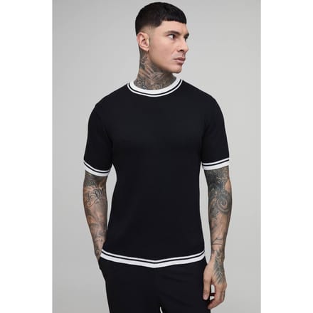 Lang Getailleerd Gebreid T-shirt Van Katoenmix Met Getipt Detail | Black | Size Small