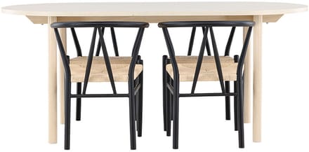 Andy eethoek tafel 90x180cm en 4 stoelen met armleuningen stapelbaar whitewash.