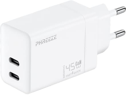 Usb C oplader 45w 2 poorten - Gan fast charger - Snellader - Wit - Phreeze